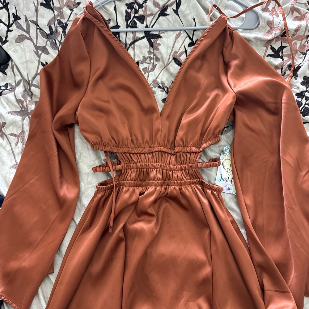 Justify Orange photoshoot Sundress with Bell Sleeves and Plunge Neckline